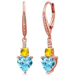 18K Rose Gold with 3.75 Cttw Swiss Blue Topaz and Yellow Sapphire Heart Earrings
